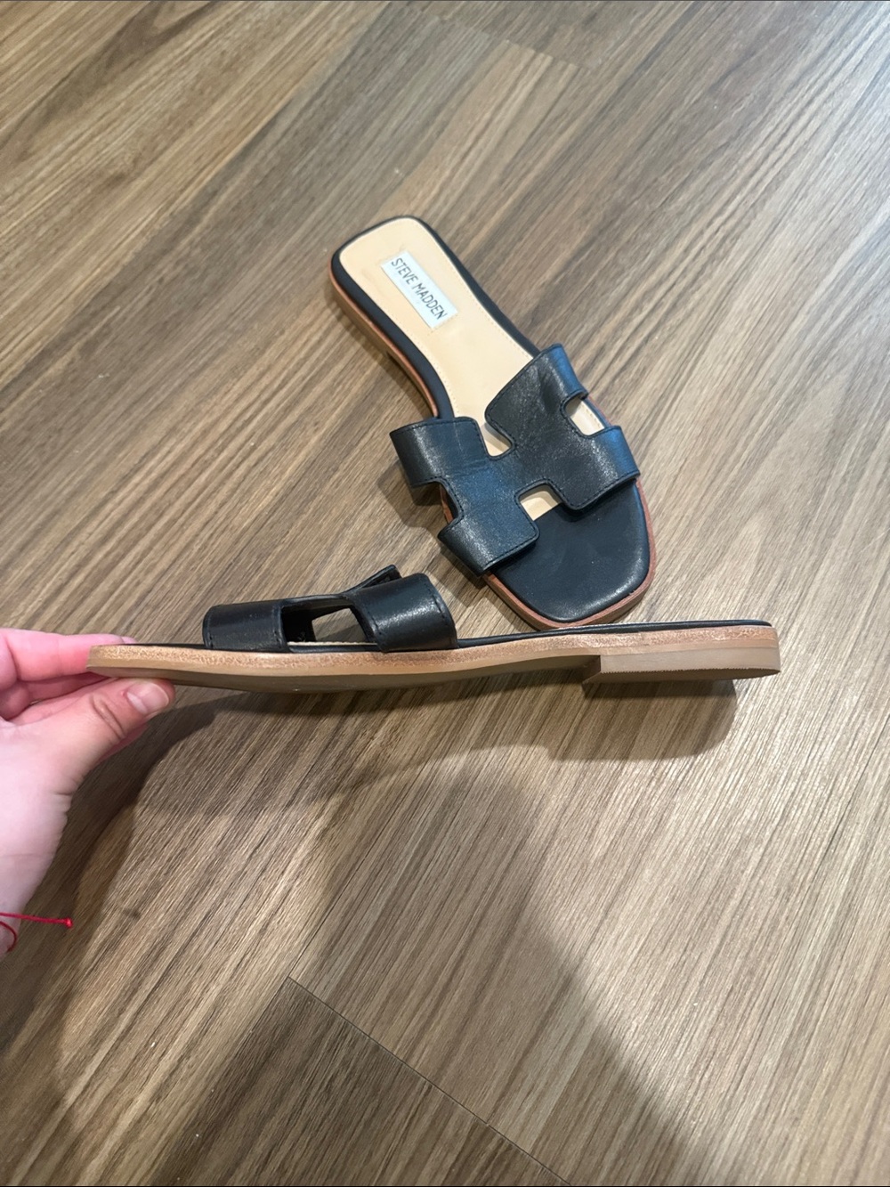 Steve Madden Black Leather Slide Sandals for Women - Picture 2 of 3